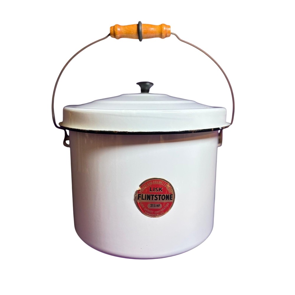 Lisk Flintstone Enamelware Pot with Lid‎ and Handle White Vintage Kitchenware